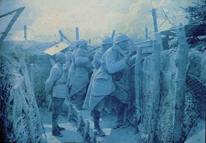 A French listening post: soldiers in a trench on the Western Front, France, 1916