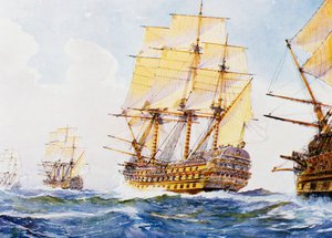 18th Century ships in single file close-hauled to starboard tack by Albert Sébille