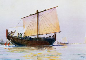 Phoenician merchant ship arriving in Pharos, watercolor by Albert Sebille, 20th century