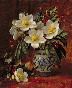 Still Life of Christmas Roses and Holly