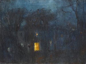 House at night with a single window lit