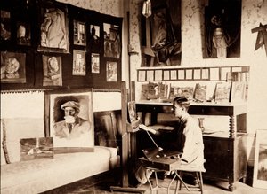 The artist Guglielmo Ghini in his studio, Ponte a Vingone, Scandicci, Florence, 09/1920 by Alberto Fierli
