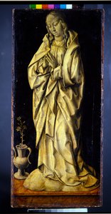 Formerly the Wings of a Triptych, a Pair, Female Figures Personifying Wisdom and Generosity, with the Annunciation