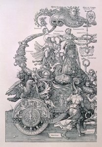 Design for The Great Triumphal Chariot of Emperor Maximilian I: detail showing the Virtues placing a wreath on the head of the Emperor, planned by Willibald Pirckheimer, pub. c.1518