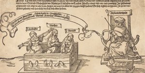 Justice, Truth and Reason in the Stocks with the Seated Judge and Sleeping Piety, probably 1526
