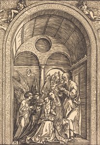 The Holy Family with Two Angels in a Vaulted Hall by Albrecht Dürer