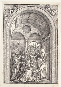 The Holy Family with Two Angels in a Vaulted Hall by Albrecht Dürer
