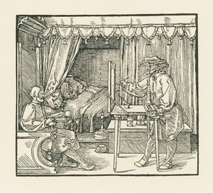 An artist drawing a seated man on to a plane of glass through a sight vane by Albrecht Dürer or Duerer