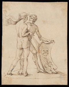 Naked woman and man with the shield featuring the coat of arms of Willibald Pirckheimer