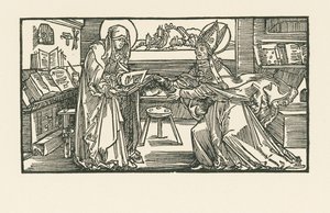 Saint Birgitta in Her Chamber Handing Her Work to a Bishop by Albrecht Dürer or Duerer