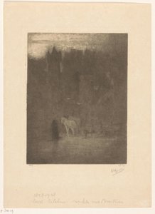 Figure and Two Horses by a Castle in the Mist by Albrecht Felix Reicher (signed by artist)
