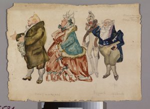 Various male and feminine costumes. Costume project for the opera Eugene OneGuine