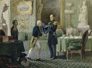 Emperor Nicholas I Awards the Blue Riband of the Order of St. Andrew to Count Michail Speransky, 1880