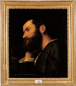 Portrait of the poet Pietro Aretino, bust-length, resting his head on his right hand by a ledge with a plant by Alessandro Bonvicino Moretto