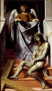 The Passion of Christ and the Angel. Christ falls in suffering near his cross by Alessandro Bonvicino Moretto