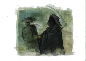 A plague doctor wearing a beak-like mask in front of Death holding her scythe