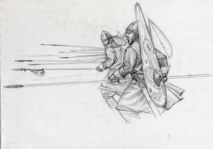 Charge of Norman warriors of the infantry at the Battle of Hastings in 1066 by Alessandro Lonati