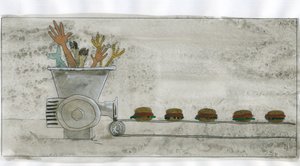 Consumer society: production of junk food, hamburger made with human and animal remains