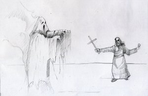 Fight Between a Monk Holding a Crucifix and a Ghost