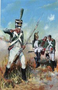First Empire: soldiers of the great Napoleonic army in Italy helping a wounded comrade