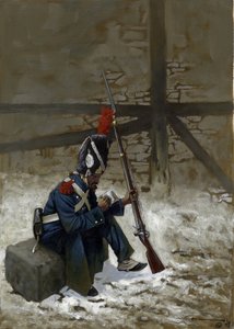First Empire: Guard grenadier in a coat sitting in the snow