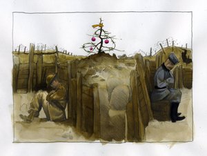 First World War: the loneliness of two enemy soldiers, British and German, in the trench at Christmas time 1914-1918