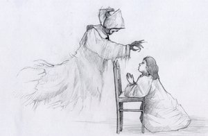 Ghost of an Elderly Nun with Crooked Hands Appears to a Little Girl Praying by Alessandro Lonati
