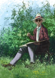 Hermann Hesse painting in the garden by Alessandro Lonati
