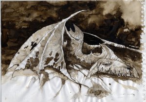 Illustration of a fantastic and legendary animal: dead dragon carcass by Alessandro Lonati
