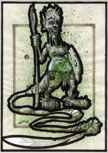 Legendary monster for Fantasy illustration: face of a tribal creature or warrior with spear, shield and feather tail