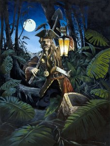 Pirate of the Caribbean with lantern, in the night, hiding his treasure in the forest of an island by Alessandro Lonati
