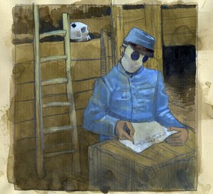 World War I: a French soldier writing a letter in a trench