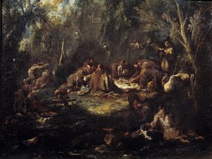 Scene of Monastic Life: Monks Breakfast, Praying and Reading in an Undergrowth