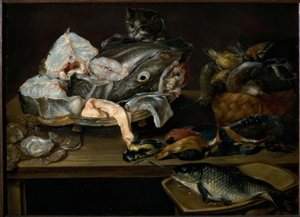 Still Life with Fish, Seafood, Poultry, and Cat