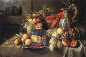 Fruit Still Life with Lobster, Bread, Gilded Columbine Goblet, Dutch Faience Jug, Pewter Plate, and Venetian Winged Glass