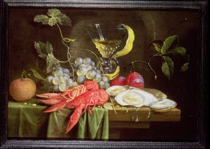 Still life with lobster, oysters and fruit