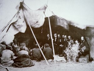 General William T. Sherman presides at the Treaty of Fort Laramie with Chief Red Cloud, April 1868 by Alexander Gardner