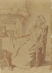 Seated, Knitting Old Woman at a Table