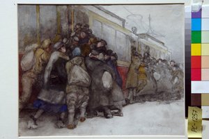 People trying to board an already full tram