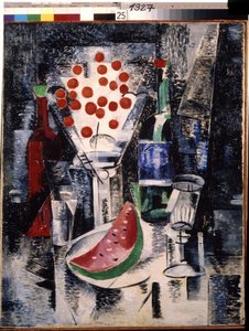 Still Life with Vase and Bottles. Slice of Watermelon and Cherries. Painting by Alexandra Alexandrovna Exter (1882-1949) by Alexandra Alexandrowna Exter