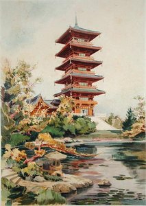 Japanese Tower in the Royal Park at Laeken, Belgium, from Orientalisme et Architecture Contemporaine, engraved by Jules Adolphe Chauvet (b.1828)
