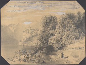 Woman with a Dog by a Mountain Lake by Alexandre Calame