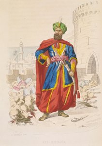 Ali Khoja, ruler of Algiers 1816-1818, resplendent in a green turban and wearing a fine sword, is surrounded by the severed heads of vanquished enemies after the bombardment of 1816
