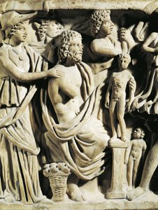 Marble Sarcophagus, Relief Depicting Prometheus Myth, Detail, Athena Assisting Prometheus while He Creates Humans, From Arles