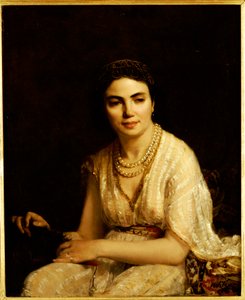 Portrait of a Woman wearing a Pearl Necklace and holding a Fan