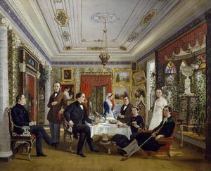 The Tarnovskj Family Drinking Tea at Table by Alexei Yakovlevich Voloskov