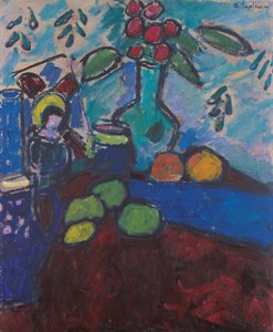 Still Life with Reverse Glass Painting, Green Vase and Fruit by Alexej von Jawlensky