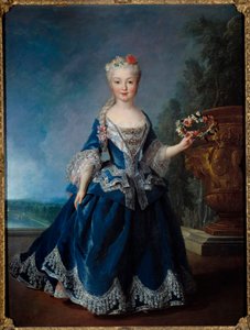 Portrait of Marie Anne Victoire, Infante of Spain in front of the water of the Swiss in Versailles