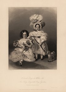 Viscount Grey de Wilton and Elizabeth Grey Egerton, children of Thomas Egerton, 2nd Earl of Wilton. Daughter in ringlets and frilly dress holding a doll, and son in dress and feather bonnet holding a ribbon tied to a toy horse.
