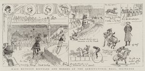 Race Between Bicycles and Horses at the Agricultural Hall, Islington